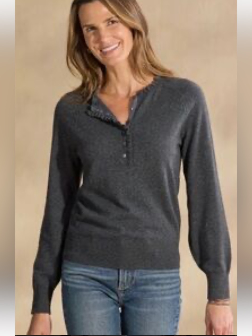 Sundance Charcoal Gray Ruffled Henley Cardigan Sweater